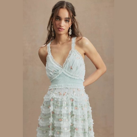 NEW Mac Duggal Size 8 Ruffled Cross-Back Smock-Waist Floral Embroidered Gown - Picture 3 of 5